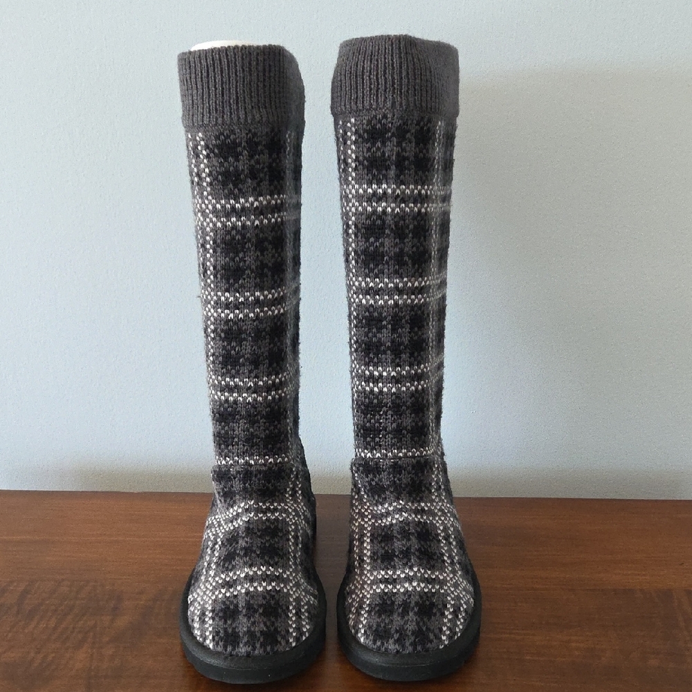 Gray and Black Plaid Knit Boots